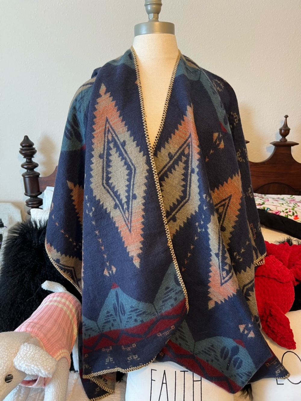 Southwestern Reversible Patterned Shawl Wrap in Navy, Rust, Teal - Picture 5 of 5